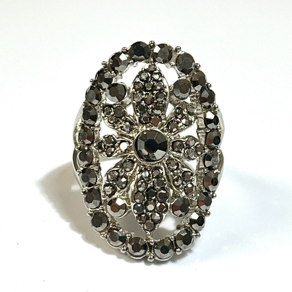 Silver Tone Ring Size 8.75 Rhinestone Studded Faux Marcasite Pave Flower
